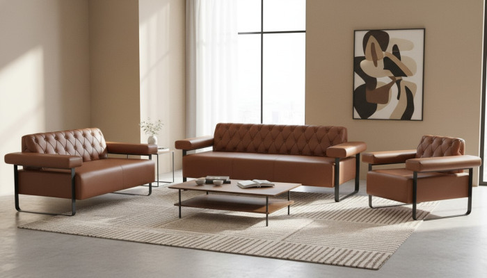 Komplett Braun Ledersofas Edelstahl 3-Sitzer 2-Sitzer Sofa Chesterfield
