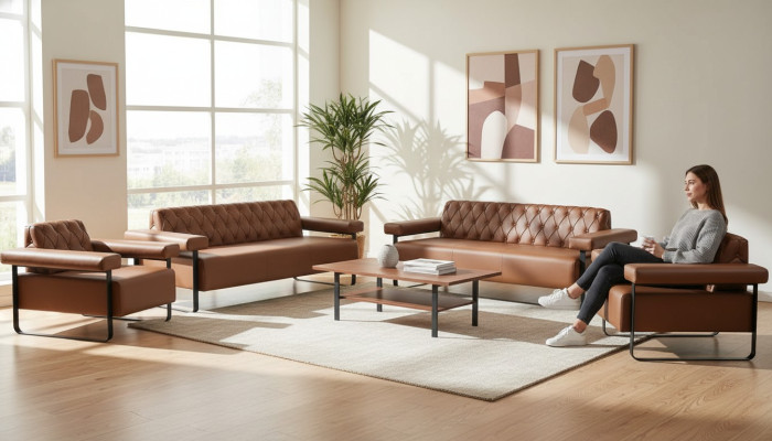 Sofagarnituren 3-Sitzer 2x Sessel Edelstahl Chesterfield Design Braun