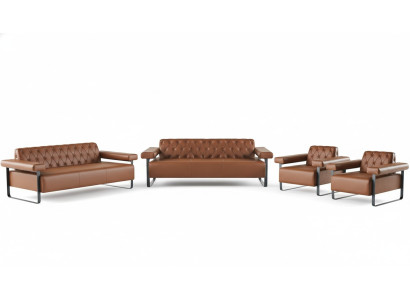 Sofagarnituren 3-Sitzer 2x Sessel Edelstahl Chesterfield Design Braun