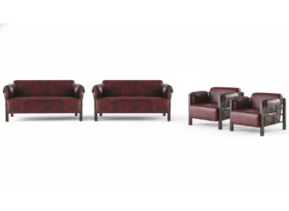 Sofas 2-Sitzer Sessel Bordeaux Modern Holz Weiche Leder Armlehnen Set