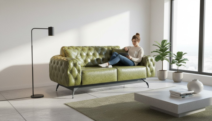 Ledersofa 2-Sitzer Sofa Grün Polster Klassisch Kissen Chesterfield Sofa