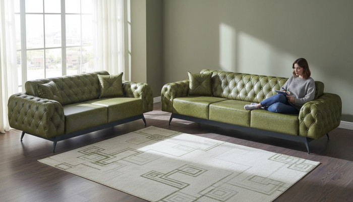 Ledersofas 3-Sitzer 2-Sitzer Chesterfield Grün Einfarbig Klassisch Sofas
