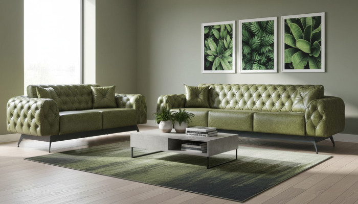 Ledersofas 3-Sitzer 2-Sitzer Chesterfield Grün Einfarbig Klassisch Sofas