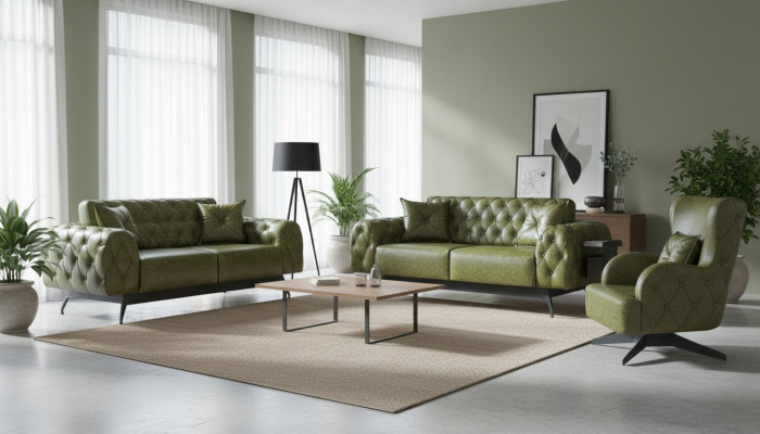 Leder Couch Sofa-Set 2-Sitzer Grün Polster Kissen Sessel Klassisch Weich