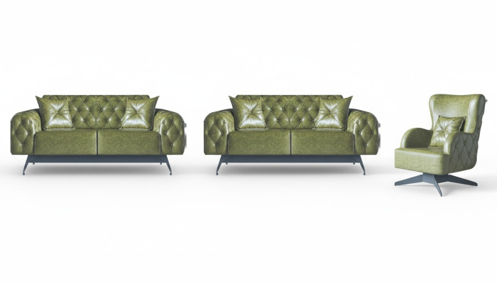 Leder Couch Sofa-Set 2-Sitzer Grün Polster Kissen Sessel Klassisch Weich
