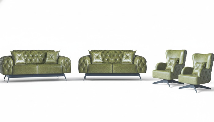 Sofa-Set Kissen Polster 2-Sitzer Leder Sessel Grün Sitzmöbel Chesterfield