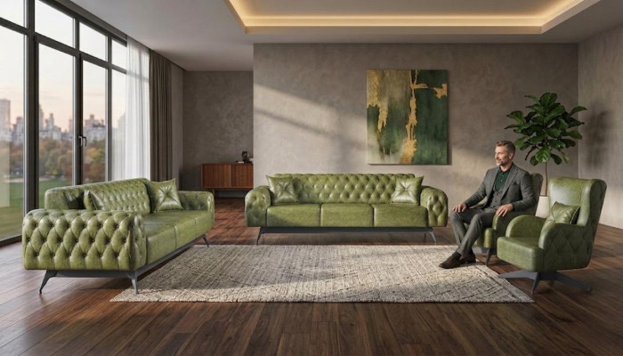 Sofas Set Couch 3-Sitzer Leder Sessel Grün Klassisch Chesterfield Polster 4tlg.