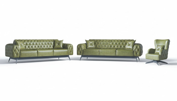 Sofas Set Couch 3-Sitzer Leder Sessel Grün Klassisch Chesterfield Polster 4tlg.