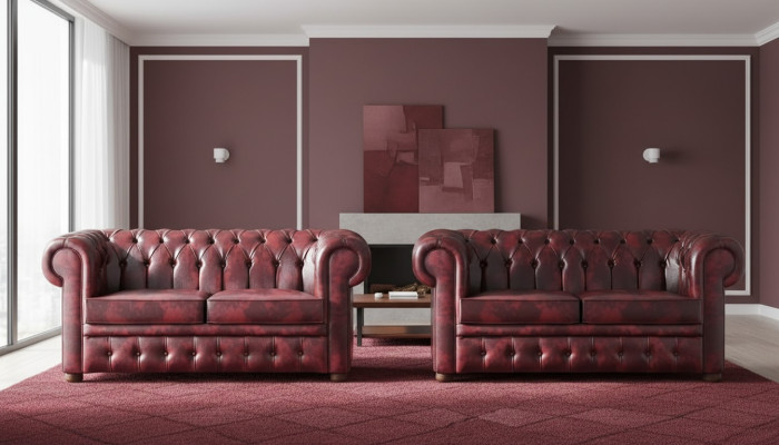 Ledersofas Chesterfield Knöpfen Couch 2-Sitzer Bordeaux Klassisch Sofas