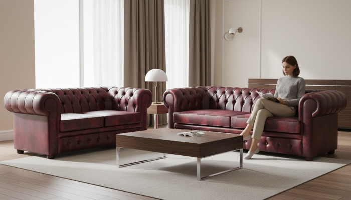 Sitzmöbel Sofa-Set 3-Sitzer 2-Sitzer Bordeaux Couch Chesterfield Knöpfen