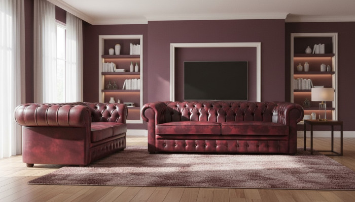 Sitzmöbel Sofa-Set 3-Sitzer 2-Sitzer Bordeaux Couch Chesterfield Knöpfen