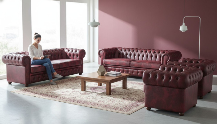 Ledersofa Set 3-Sitzer Sessel Bordeaux Chesterfield Polster Sofa Leder 4tlg
