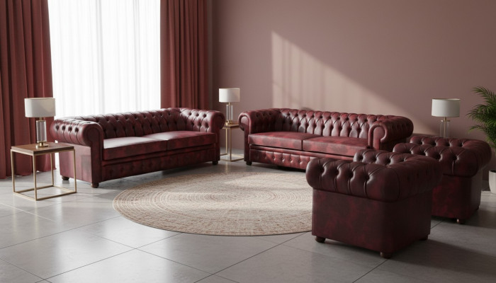 Ledersofa Set 3-Sitzer Sessel Bordeaux Chesterfield Polster Sofa Leder 4tlg