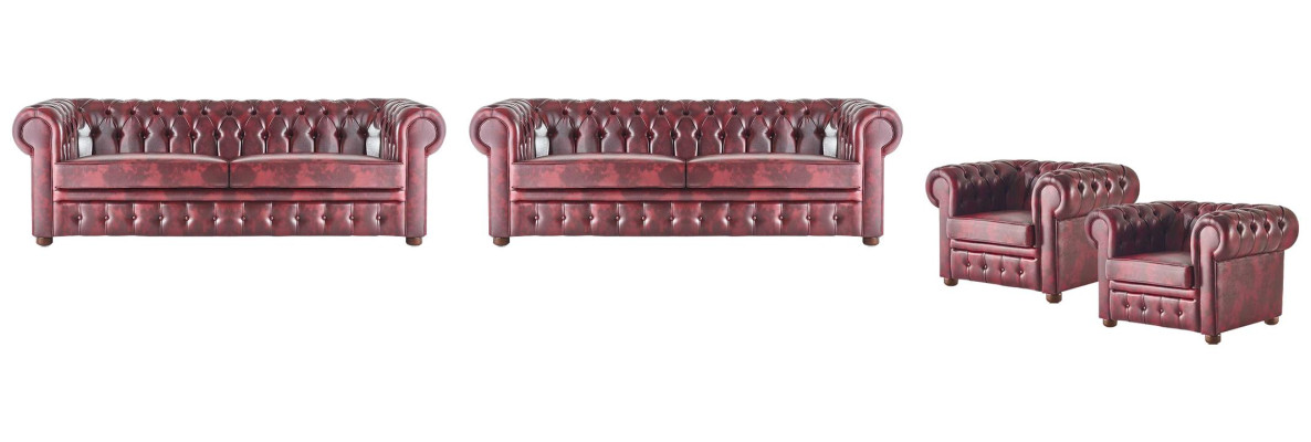Ledersofa Set 3-Sitzer Sessel Bordeaux Chesterfield Polster Sofa Leder 4tlg