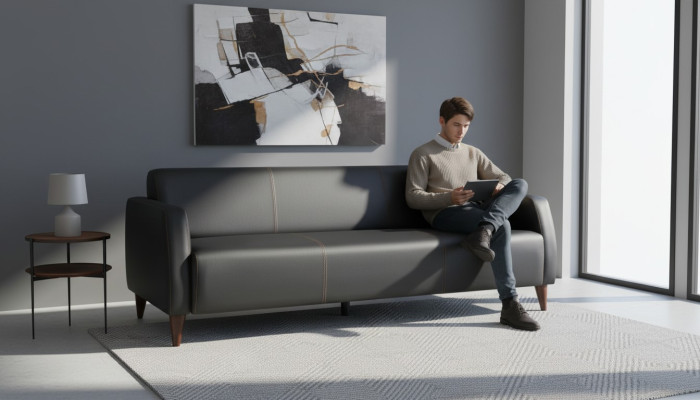 Ledersofa 3-Sitzer Sofa Schwarz Leder Holz Modern Vielseitig Weiche