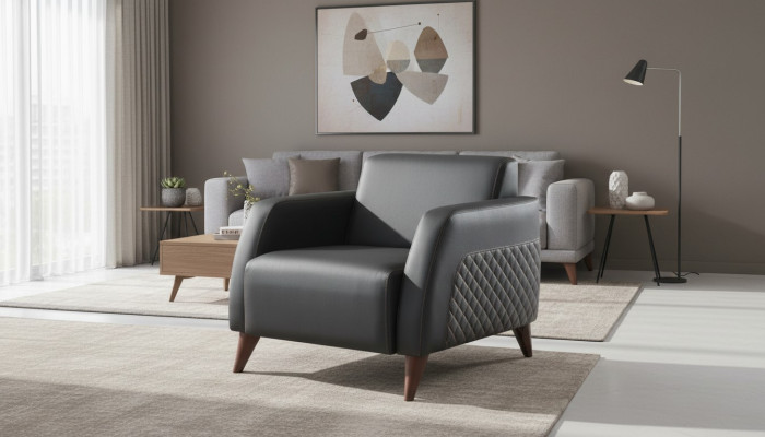 Sessel Schwarz Lehnsessel Leder Modern Holz Weiche Armlehnen 1-Sitzer