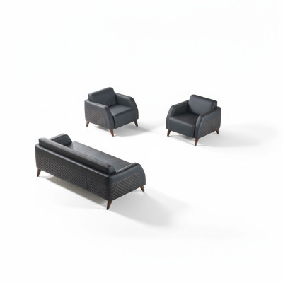 Sitzmöbel 3-Sitzer 2x Sessel Schwarz Lehnsessel Couch Set Modern Leder