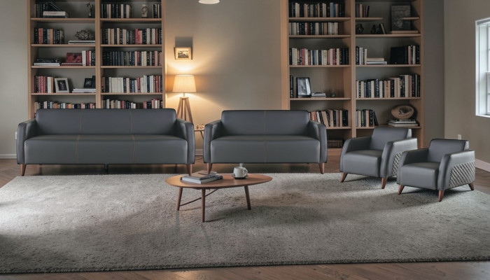 Komplett-Set Sitzmöbel 3-Sitzer 2-Sitzer Sessel Schwarz Moder Leder Holz