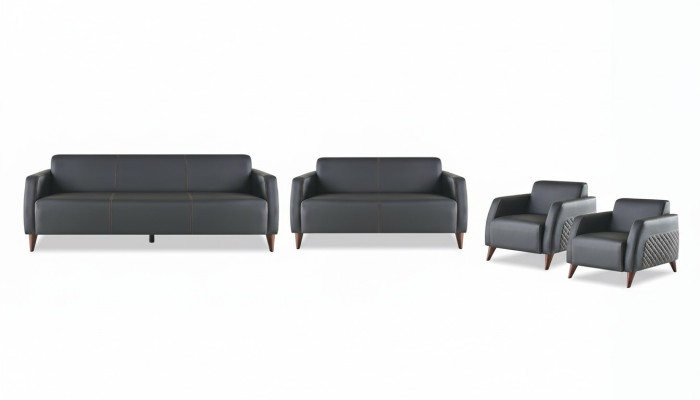 Komplett-Set Sitzmöbel 3-Sitzer 2-Sitzer Sessel Schwarz Moder Leder Holz