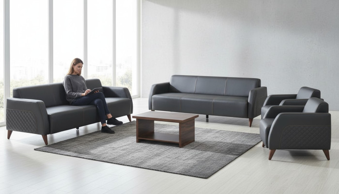 Komplett-Set Ledersofa Schwarz 3-Sitzer Sessel Couchtisch Holz Leder 4tlg.