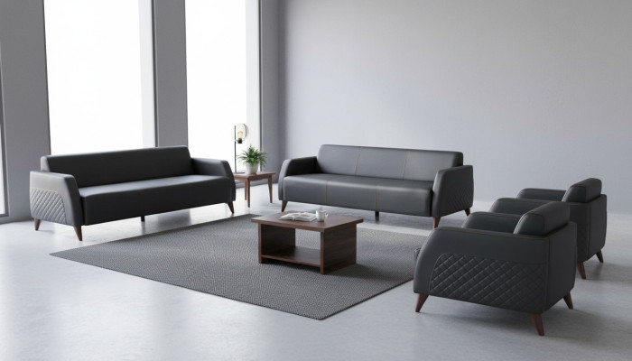 Komplett-Set Ledersofa Schwarz 3-Sitzer Sessel Couchtisch Holz Leder 4tlg.