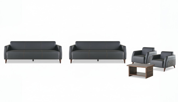 Komplett-Set Ledersofa Schwarz 3-Sitzer Sessel Couchtisch Holz Leder 4tlg.