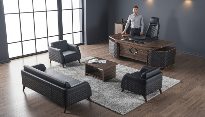 Modern Komplett  Arbeitszimmer-Set Schreibtisch Sofas Braun Schwarz Leder