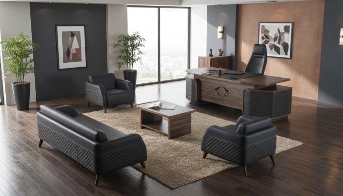 Modern Komplett  Arbeitszimmer-Set Schreibtisch Sofas Braun Schwarz Leder