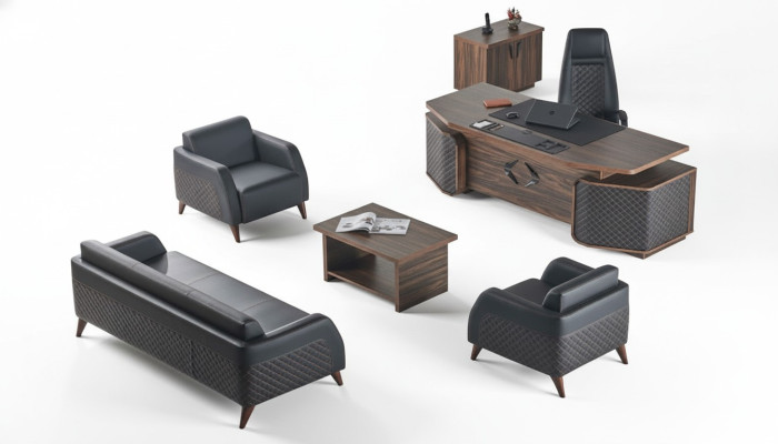 Modern Komplett  Arbeitszimmer-Set Schreibtisch Sofas Braun Schwarz Leder