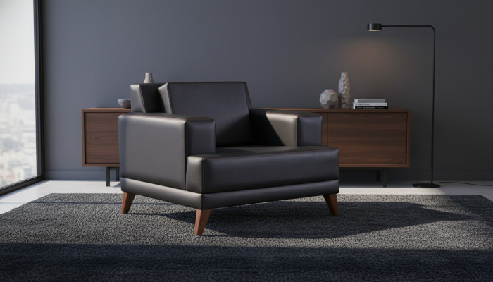 Sessel Schwarz Polster Modern Kissen Arbeitszimmer Wohnzimmer Leder Holz