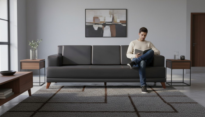 Ledersofa Modern 3-Sitzer Schwarz Einfarbig Couch Polster Kissen Holz