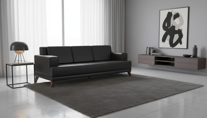 Ledersofa Modern 3-Sitzer Schwarz Einfarbig Couch Polster Kissen Holz
