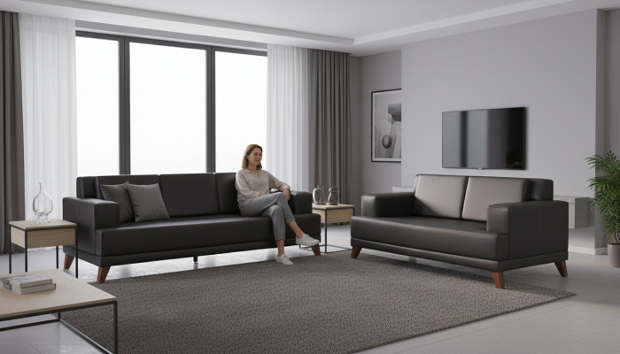 Modernnes Sofa-Set Ledersofas Schwarz 3-Sitzer 2-Sitzer Polster Kissen