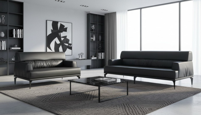 Sofa-Set Modern 3-Sitzer 2-Sitzer Schwarz Sofas Leder Edelstahl Holz