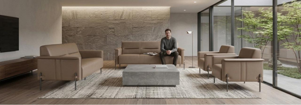 Komplett Modern Sofa-Set 3-Sitzer 2-Sitzer Sessel Beige Ledersofa Holz