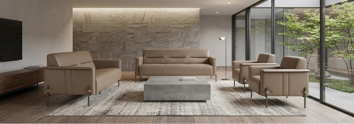 Komplett Modern Sofa-Set 3-Sitzer 2-Sitzer Sessel Beige Ledersofa Holz