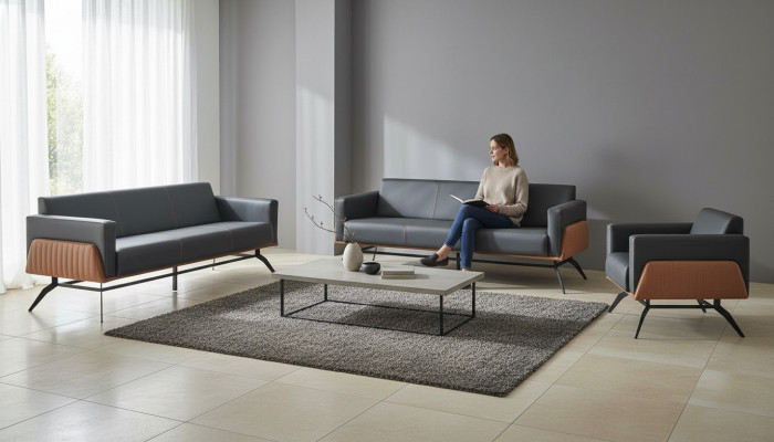 Sofa-Set Sitzmöbel Schwarz Braun 3-Sitzer Sessel Ledersofas Edelstahl Holz