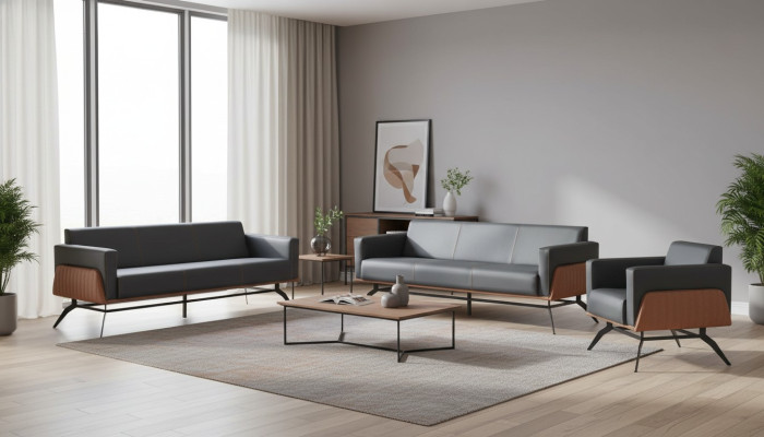 Sofa-Set Sitzmöbel Schwarz Braun 3-Sitzer Sessel Ledersofas Edelstahl Holz