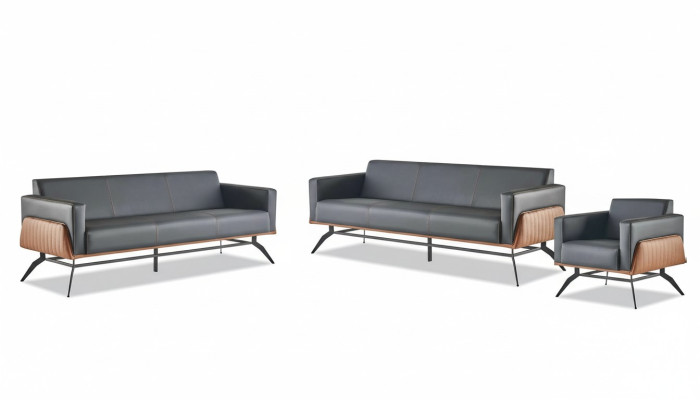 Sofa-Set Sitzmöbel Schwarz Braun 3-Sitzer Sessel Ledersofas Edelstahl Holz