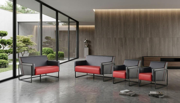 Sofagarnituren Set Schwarz Rot Sofas 2-Sitzer Sessel Lehnsessel Leder