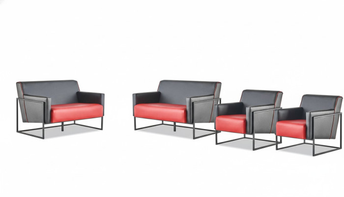 Sofagarnituren Set Schwarz Rot Sofas 2-Sitzer Sessel Lehnsessel Leder