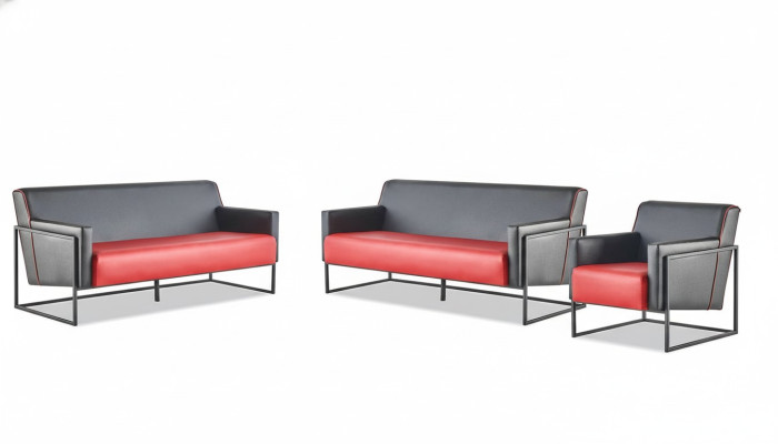 Sofa-Set 3-Sitzer Sessel Schwarz Rot Ledersofas Leder Edelstahl Holz
