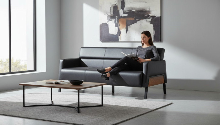 Ledesofa Sofa Schwarz 3-Sitzer Dreisitzig Leder Modern Holz Edelstahl