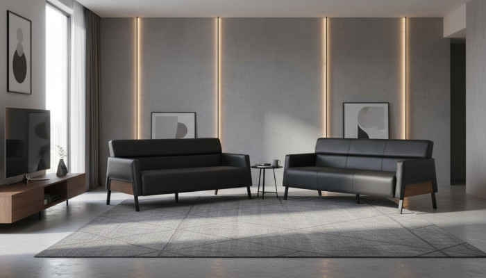 Ledersofas Sofa-Set 3-Sitzer Schwarz Modern Leder Edelstahl Couch Holz
