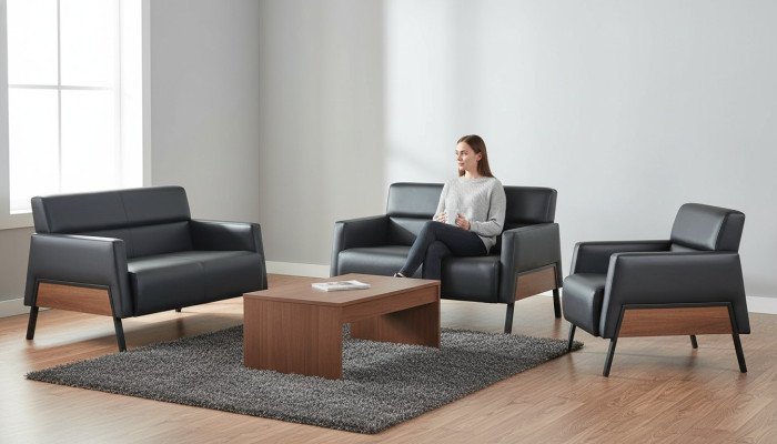 Moderner-Set 2-Sitzer Sessel Schwarz Ledersofas Couch Leder Weich Holz