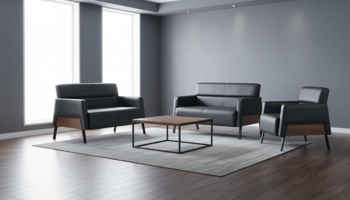 Moderner-Set 2-Sitzer Sessel Schwarz Ledersofas Couch Leder Weich Holz