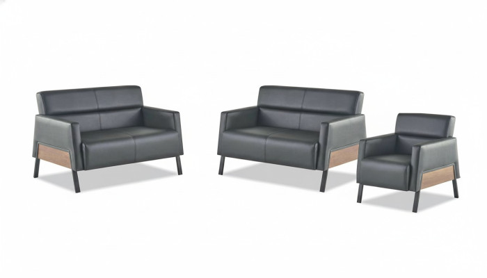 Moderner-Set 2-Sitzer Sessel Schwarz Ledersofas Couch Leder Weich Holz