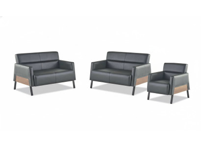 Moderner-Set 2-Sitzer Sessel Schwarz Ledersofas Couch Leder Weich Holz