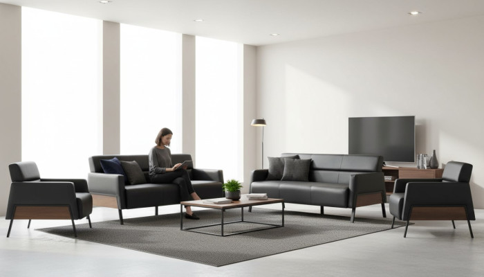 Sofa-Set 3-Sitzer 2x Sessel Schwarz Ledersofas Modern Leder Holz Weich
