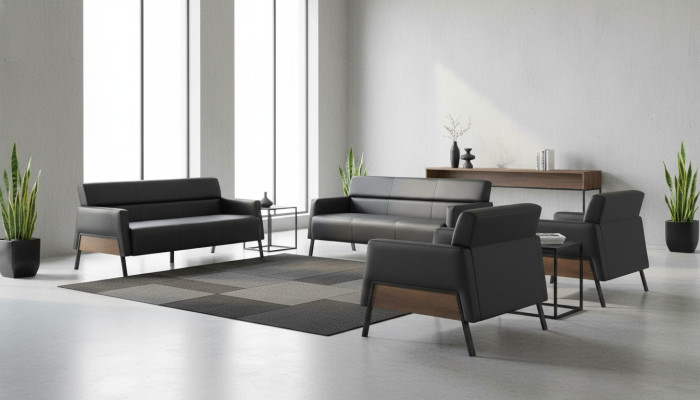 Sofa-Set 3-Sitzer 2x Sessel Schwarz Ledersofas Modern Leder Holz Weich